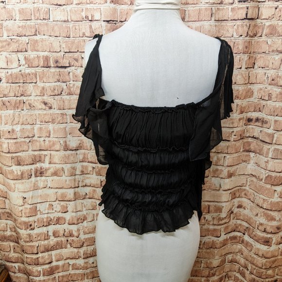 Chiffon Ruffle Blouse Black Elastic Off Shoulder Blouse No Tags Size XS - Picture 4 of 5